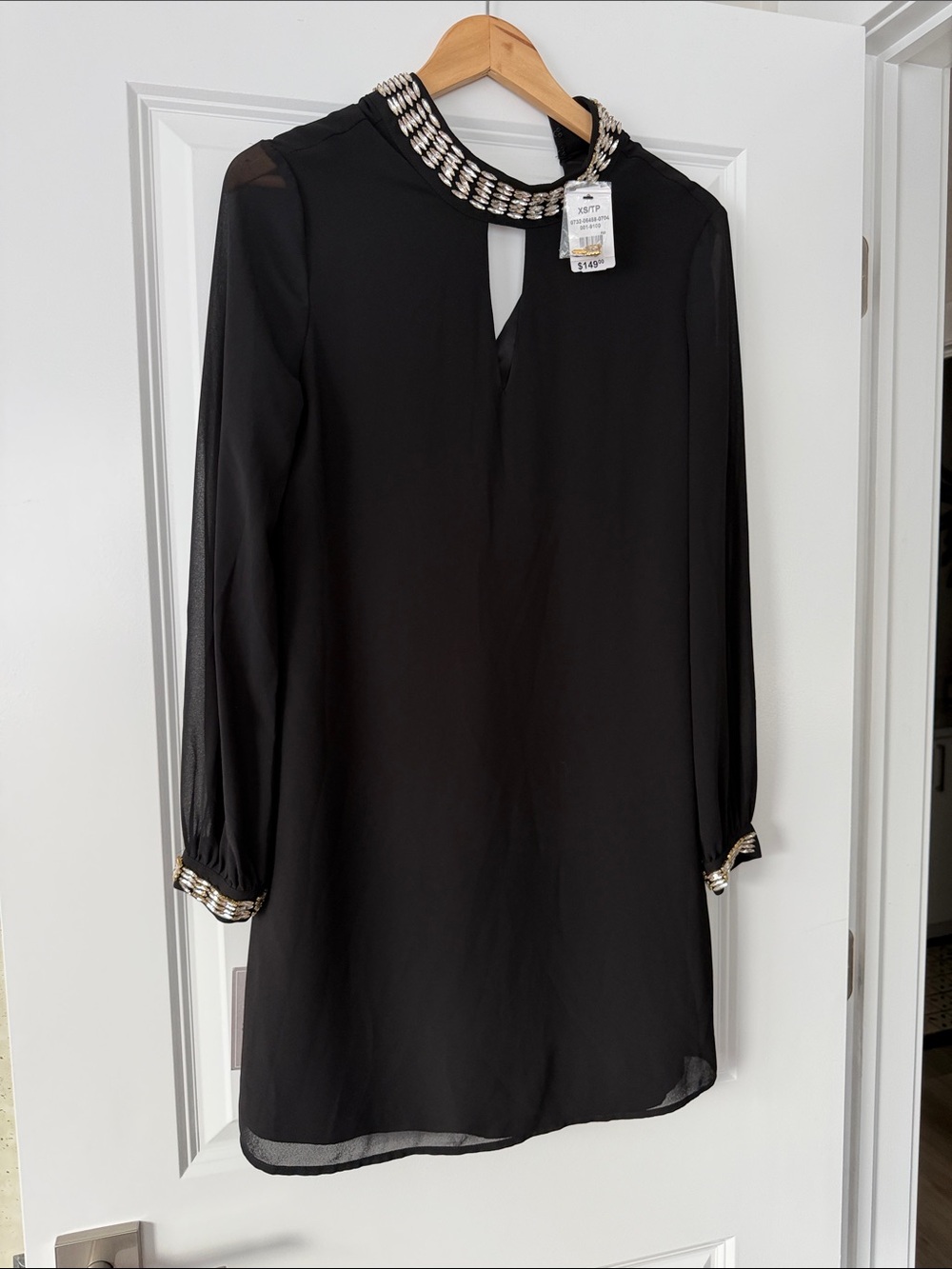Dynamite Black Long Sleeve Shift Dress with Beaded Collar